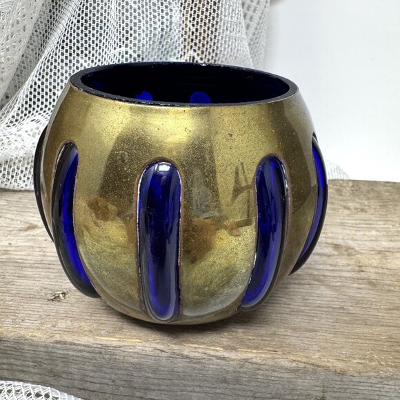 Vintage Brass & Cobalt Blue Glass Bowl India-Made 3" x 3" Decorative Accent Piec - Picture 2 of 6